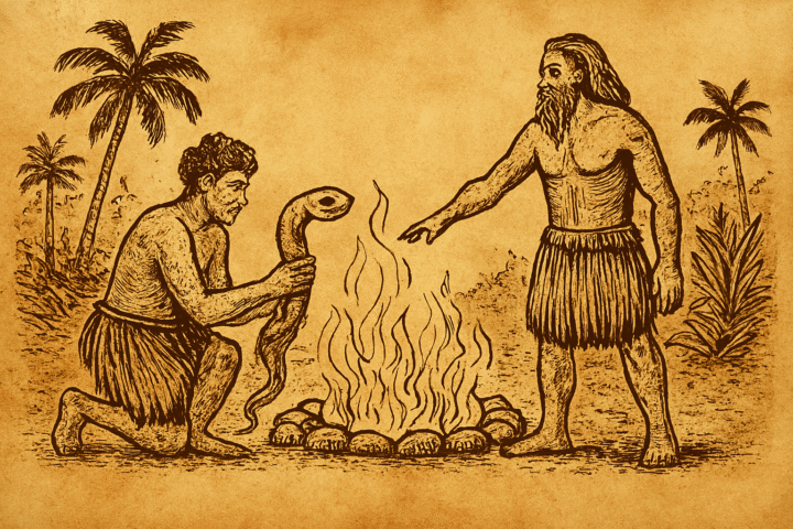 Sepia-toned parchment illustration of a Fijian firewalking legend. A young man kneels, holding a spirit eel emerging from the earth, while an elder stands across a pit of glowing stones, gesturing toward the flames. Palm trees and tropical foliage frame the scene in a traditional ink style