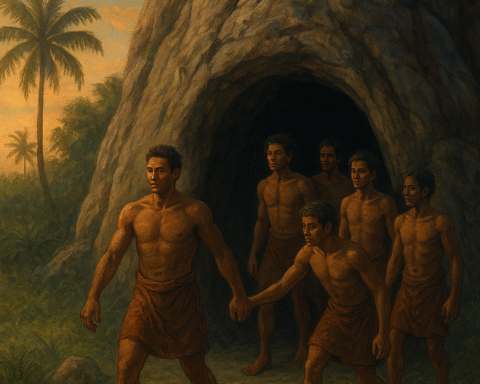 Illustration of the first humans rising from the cave, stepping from darkness into light in an ancient Melanesian creation tale